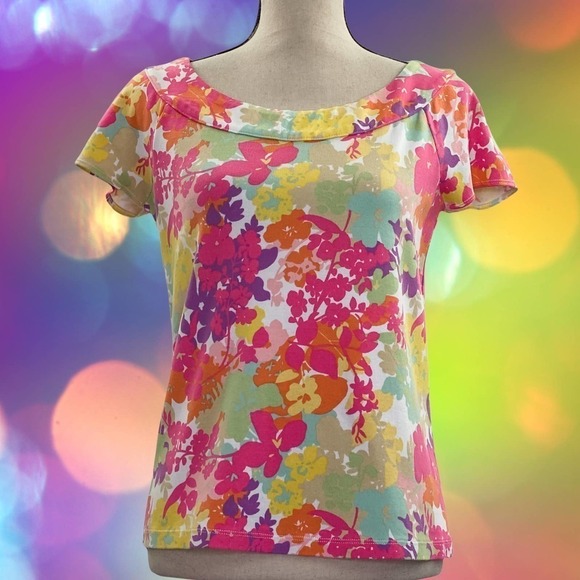 RAFAELLA Allover Multicolored Floral Print Short Sleeve T-Shirt Blouse - Picture 10 of 11